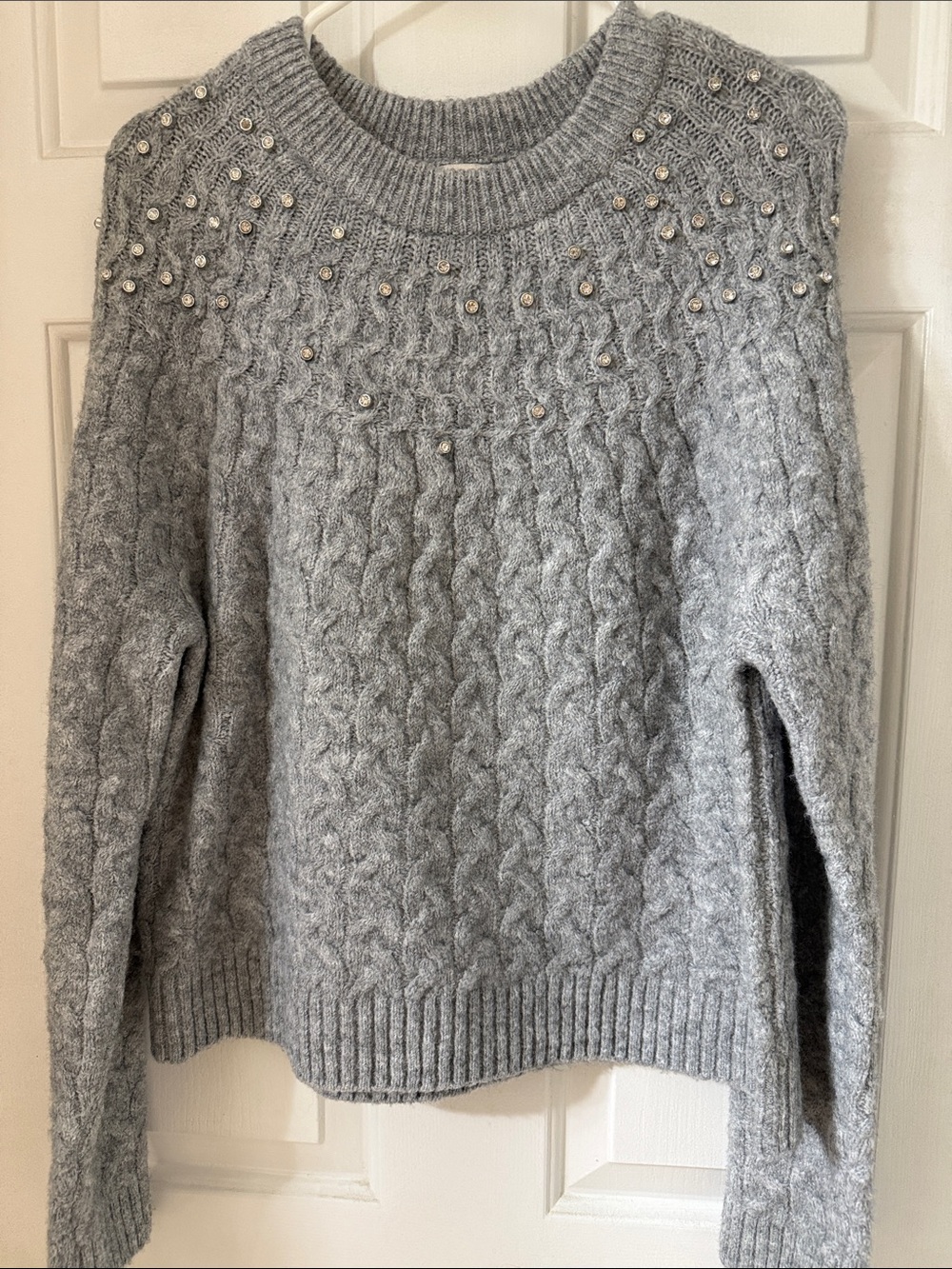 a new day Gray Cable Knit Sweater with Pearl Embellishments